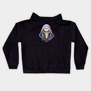 Necromancer with skull face and purple hood Kids Hoodie